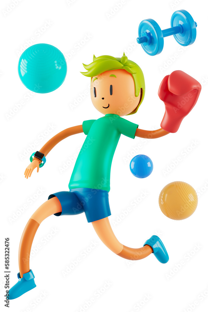 person cartoon character boy and girl with sports objects. 3d illustration. fitness activity action. man in a sports game. healthy concept. 3d ball. exercise action.smartphone smartwatch design.