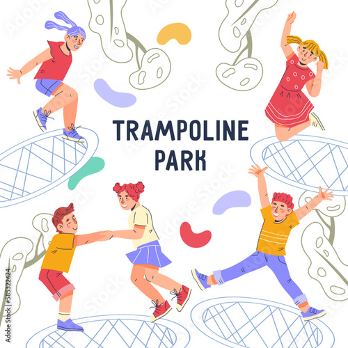 Trampoline park banner or advertising poster with jumping kids, hand drawn vector illustration. Trampoline park bouncing entertainment area flyer or banner design.