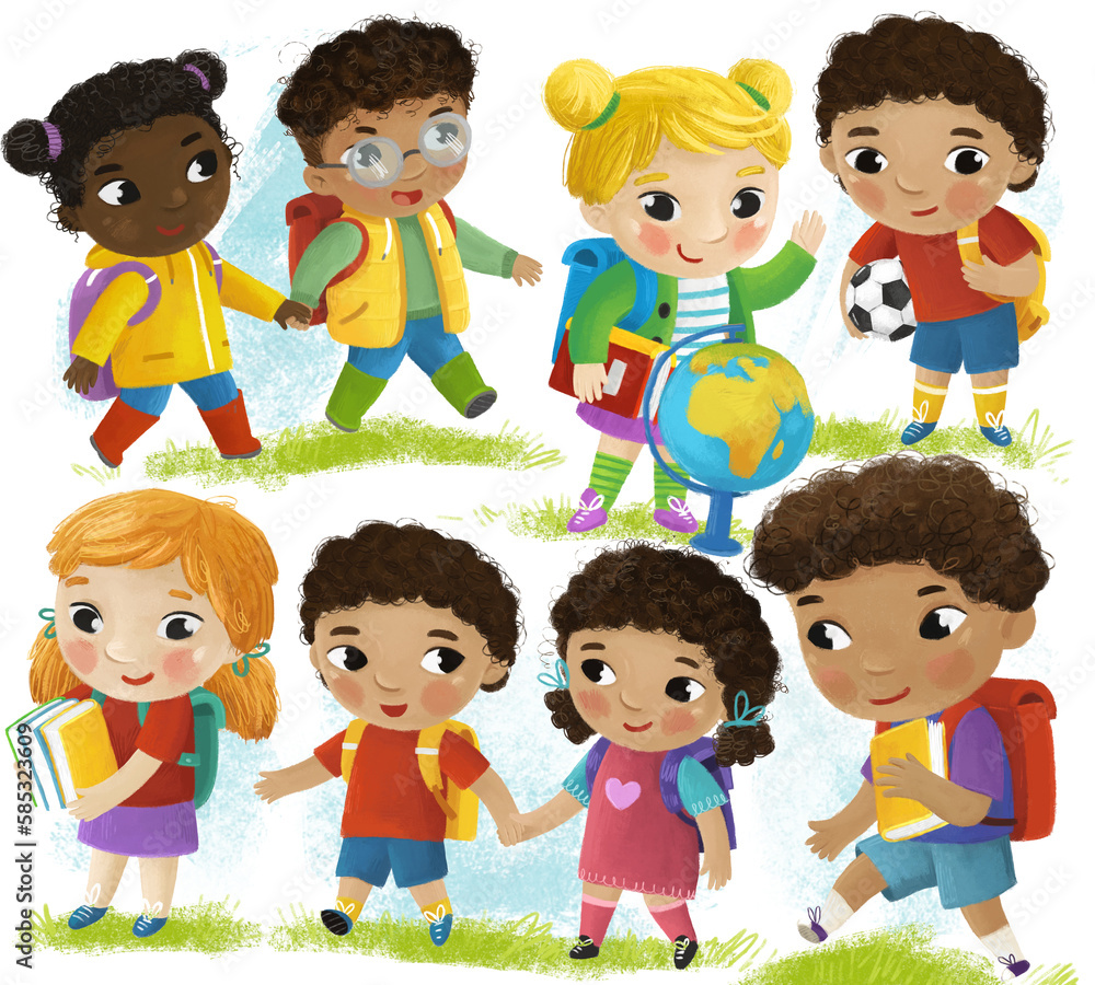 cartoon scene with school kids pupils together having fun learning on white background illustration for children cartoon scene with school kids pupils together having fun learning on white background illustration for children