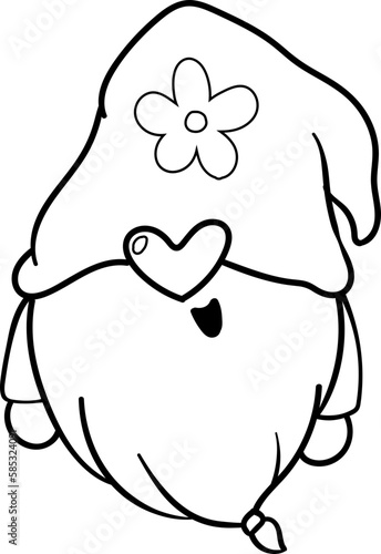 cute Valentine love gnome outline doodle cartoon hand drawing 