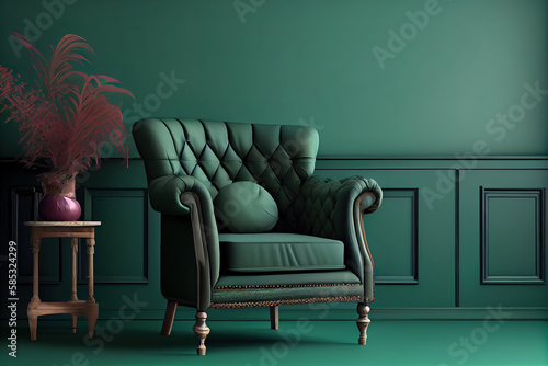 The interior has a armchair on empty green wall background, big blank space. Generative Ai © Mukhlesur