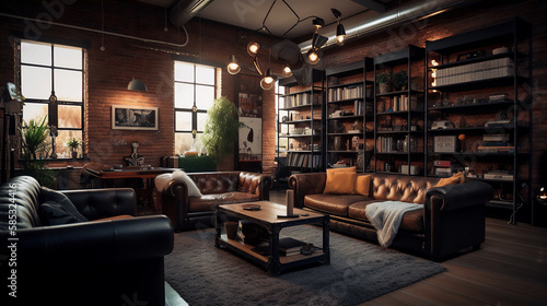 living room loft in an industrial style. Generative AI