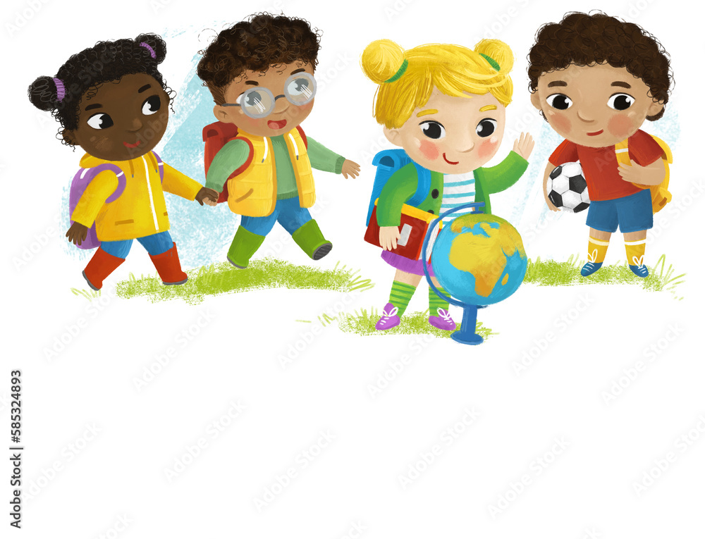 cartoon scene with school kids pupils together having fun learning on white background illustration for children cartoon scene with school kids pupils together having fun learning on white background illustration for children