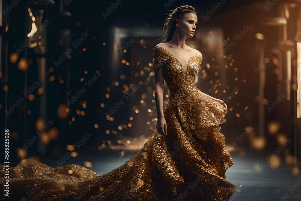 portrait of a woman in the golden evening dress Stock Illustration ...