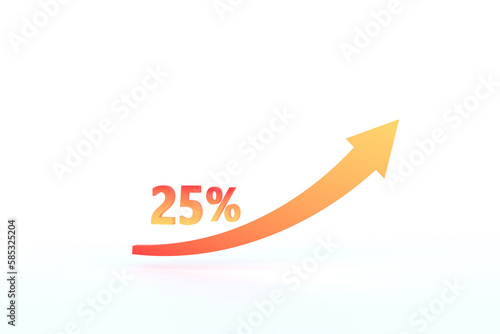 3D Rendering, 25 percent growth with rising arrow isolated with white background.
