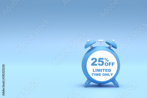 3D Rendering. 25 percent limied time offer with freespace for texting on pastel blue background. Special Offer 25% Discount Tag. Super sale offer and best seller.