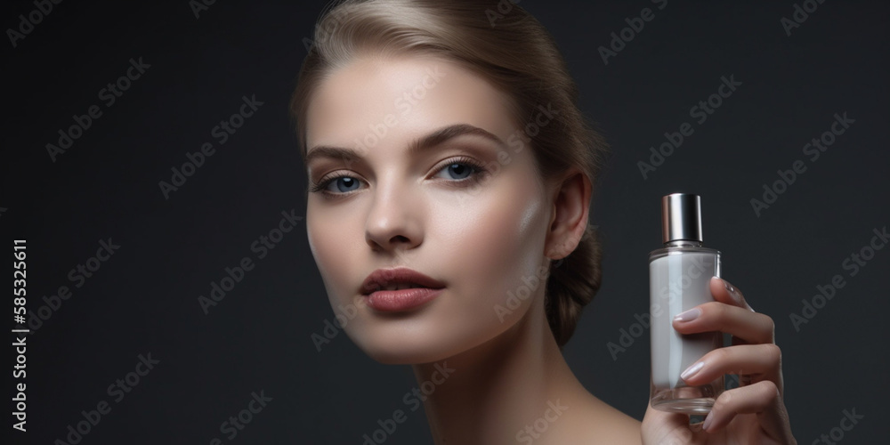 Woman holds tube with cosmetic cream Generative AI Woman holds tube with cosmetic cream Generative AI