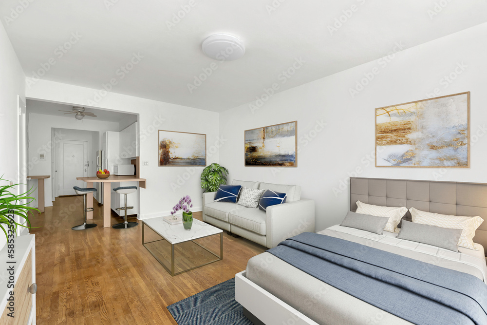 Fototapeta premium Luxurious king-size bed with modern furniture in a bright bedroom. Template for expensive bedroom. Concept for interior design, architecture, and lifestyle. 3D illustration. California, USA - 2023
