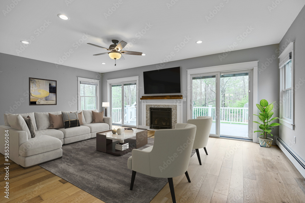 Fototapeta premium Spacious Big Living Room Of Luxurious Estate With Wooden Elements. Modern Mansion Interior With A New Stylish Furniture Design Concept For Residential Home. 3D illustration. Florida, USA