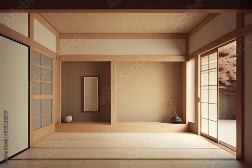 Muji style, Empty wooden room, Cleaning japandi room interior, big blank space. Generative Ai