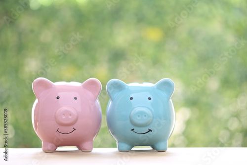 Finance, Piggy bank on natural green background, Saving money for prepare in future concept