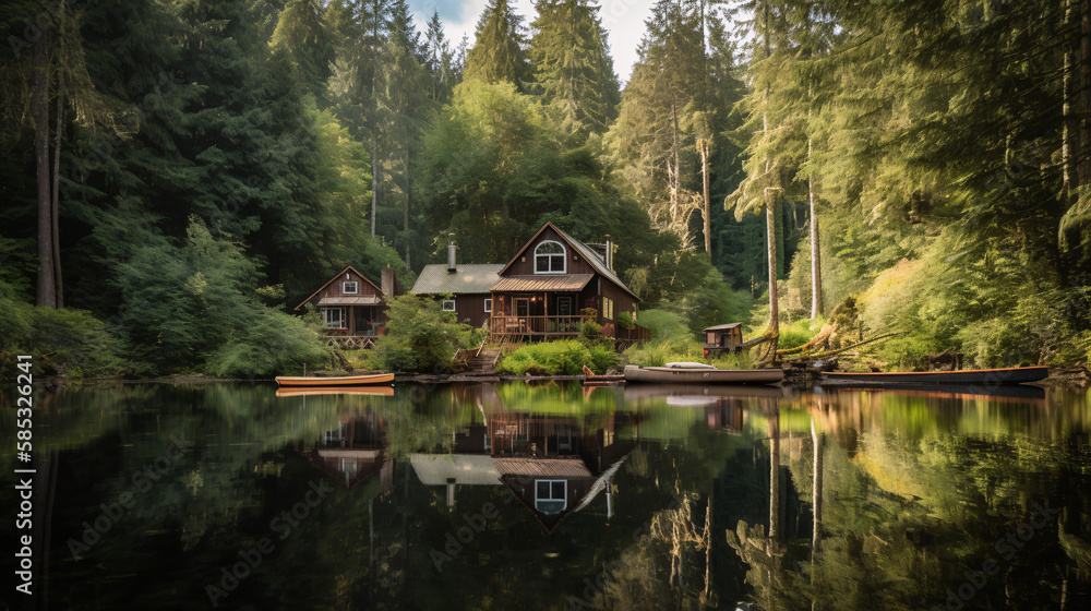 Obraz premium Forest of trees in lake and with small house generative ai