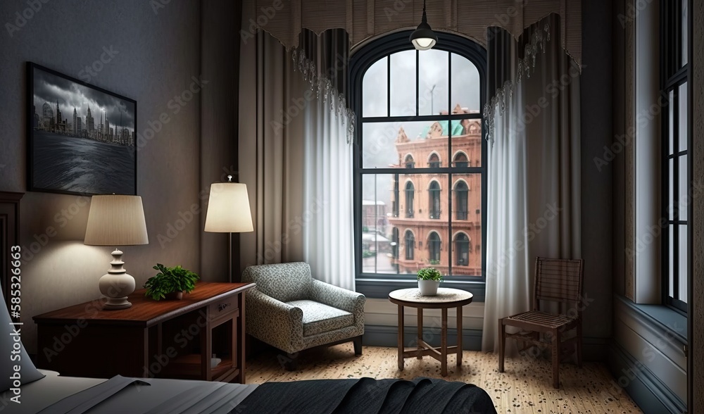 a room with a bed, chair, table and a window. generative ai a room with a bed, chair, table and a window. generative ai