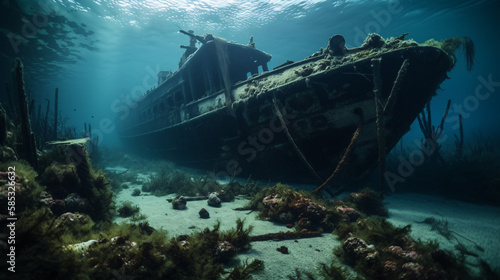 Sunken rusty ship on water bed generative ai