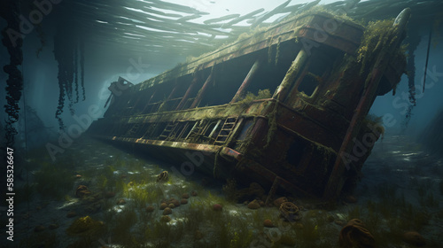 Sunken rusty ship on water bed generative ai © KWY