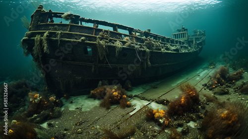 Sunken rusty ship on water bed generative ai