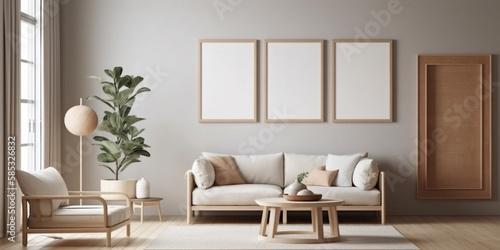 one big mock-up wall decor frame is hanging in minimal style Generative AI © bahadirbermekphoto