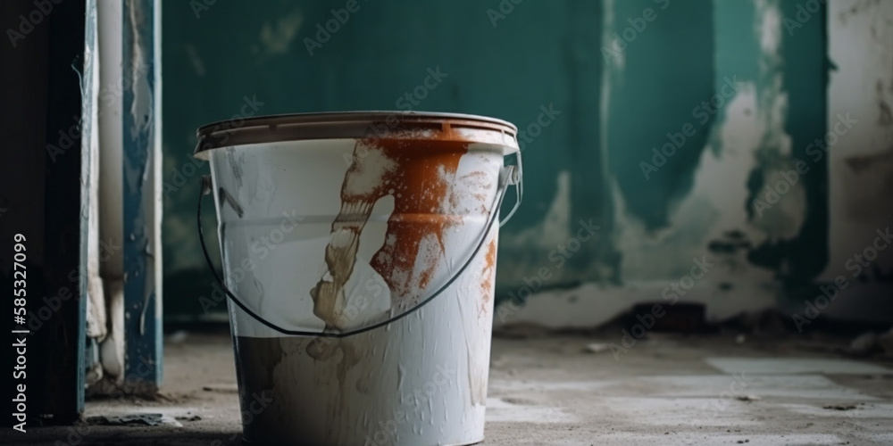 the paint in a clean bucket is white, the background is a beautiful country house Generative AI the paint in a clean bucket is white, the background is a beautiful country house Generative AI