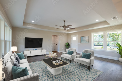 Spacious Big Living Room Of Luxurious Estate With Wooden Elements. Modern Mansion Interior With A New Stylish Furniture Design Concept For Residential Home. 3D illustration. Florida, USA © 52 Photo