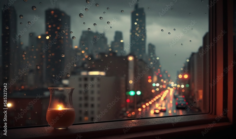  a window with a view of a city at night with raindrops.  generative ai