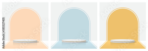 set of white cylinder minimalist podium in soft peach blue and gold color. for Stage showcase, product display presentation. vector EPS10