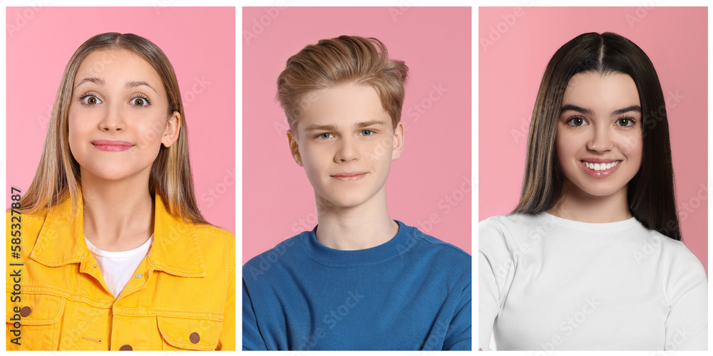 Portraits of teenagers on pink background, collage design Portraits of teenagers on pink background, collage design