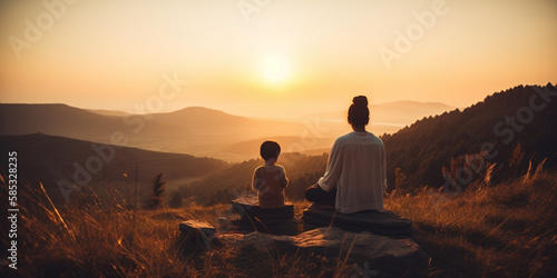 woman and child lifestyle balanced practicing meditate and zen energy yoga Generative AI