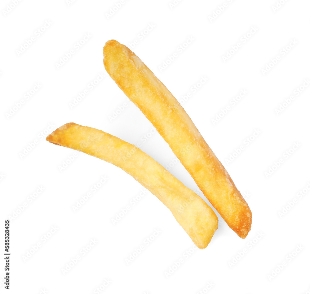 Delicious fresh french fries on white background, top view Delicious fresh french fries on white background, top view