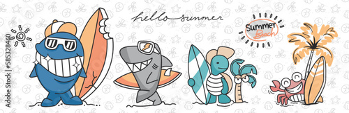 Cute animals surfers set, Funny hand drawn characters for kids, Vector cartoon illustration. whale, shark, turtle, crab. Hello summer slogan, Concept for kids holidays print.