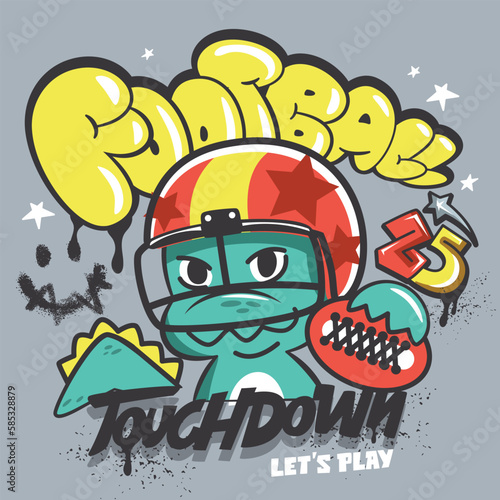 Cool dinosaur football player with text in graffiti style on isolated background illustration vector, Typography slogan for t-shirt printing.