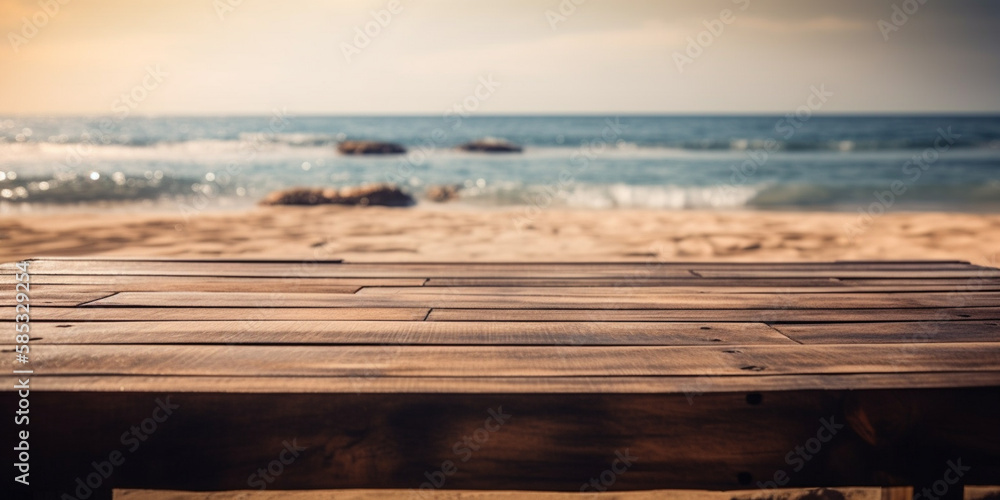empty Wooden Table In tropical beach Generative AI