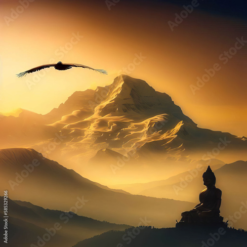 A Himalayan Gryffin flying high over a peaceful Buddha statue amidst the snow-capped peaks of the Himalayas immersed in the golden hues of sunset. AI Generative Image © Tenzin & Li