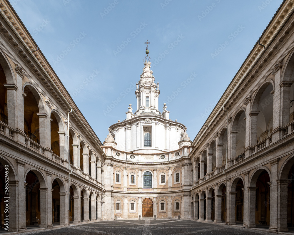 Rome, Italy - September 16, 2021: The facade and atriuum of baroque church Chiesa di Sant'Ivo alla Sapienza designed by Francesco Borromini