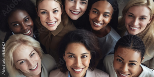 View of group of smiling multiethnic businesswomen. top view. Generative AI