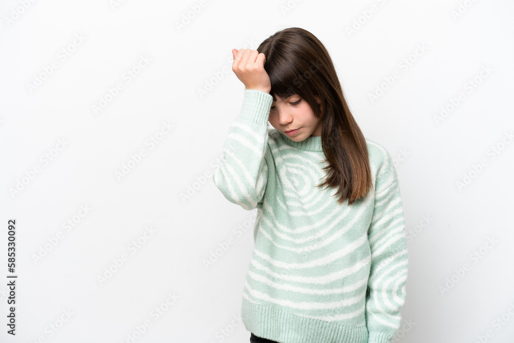 Little caucasian girl isolated on white background with headache Little caucasian girl isolated on white background with headache