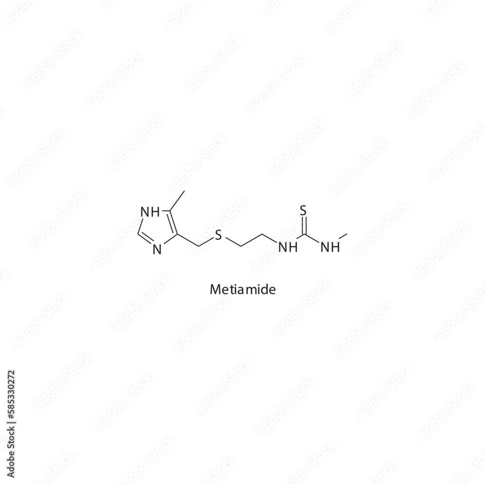 Metiamide  flat skeletal molecular structure H2 receptor antagonist drug used in heartburn, peptic ulcer treatment. Vector illustration.