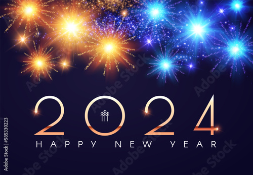 Happy new 2024 year Elegant gold text with fireworks and light effects.
