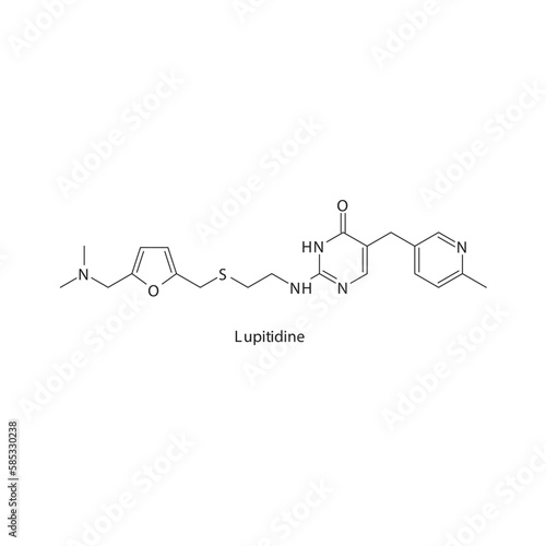 Lupitidine  flat skeletal molecular structure H2 receptor antagonist drug used in heartburn, peptic ulcer treatment. Vector illustration.