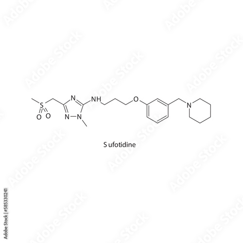 Sufotidine  flat skeletal molecular structure H2 receptor antagonist drug used in heartburn, peptic ulcer treatment. Vector illustration.