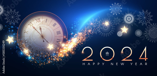 Happy new 2024 year. Ckock, elegant gold text with fireworks, snowflakes and light effects.