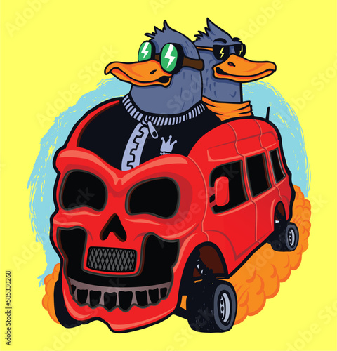 Ducks driving a bus, english football fans, vector illustration