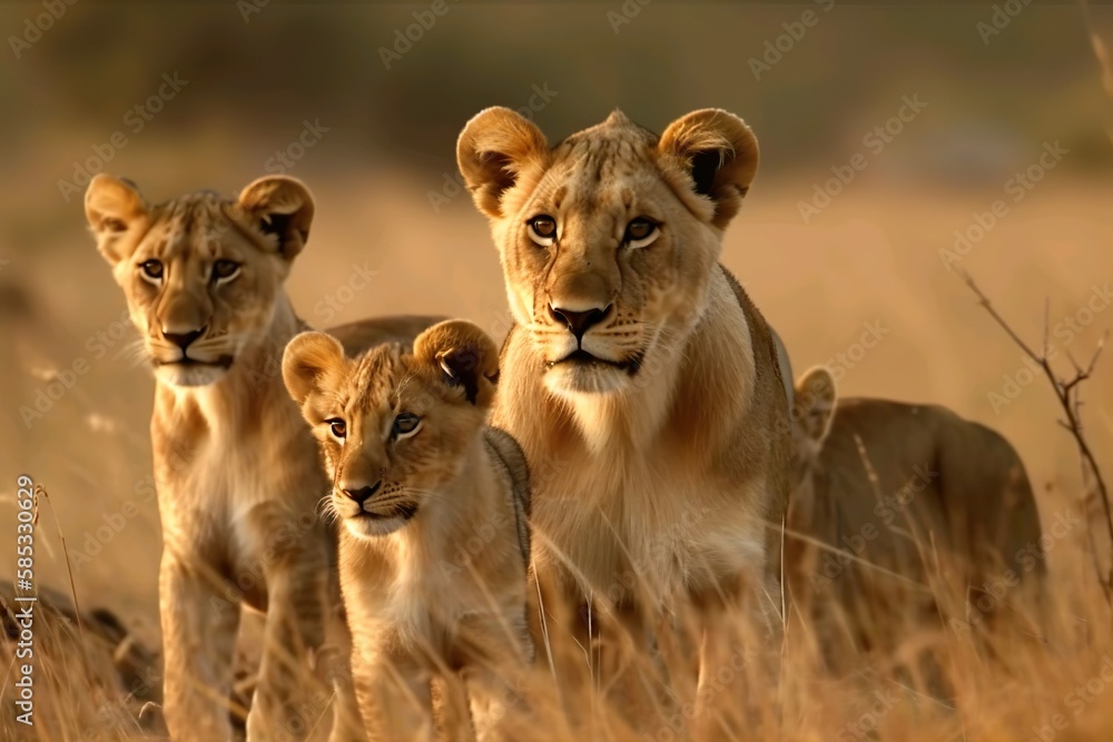 Löwin mit Jungen, Kalahari-Wüste, Beim Sonnenuntergang Generate Ai Löwin mit Jungen, Kalahari-Wüste, Beim Sonnenuntergang Generate Ai