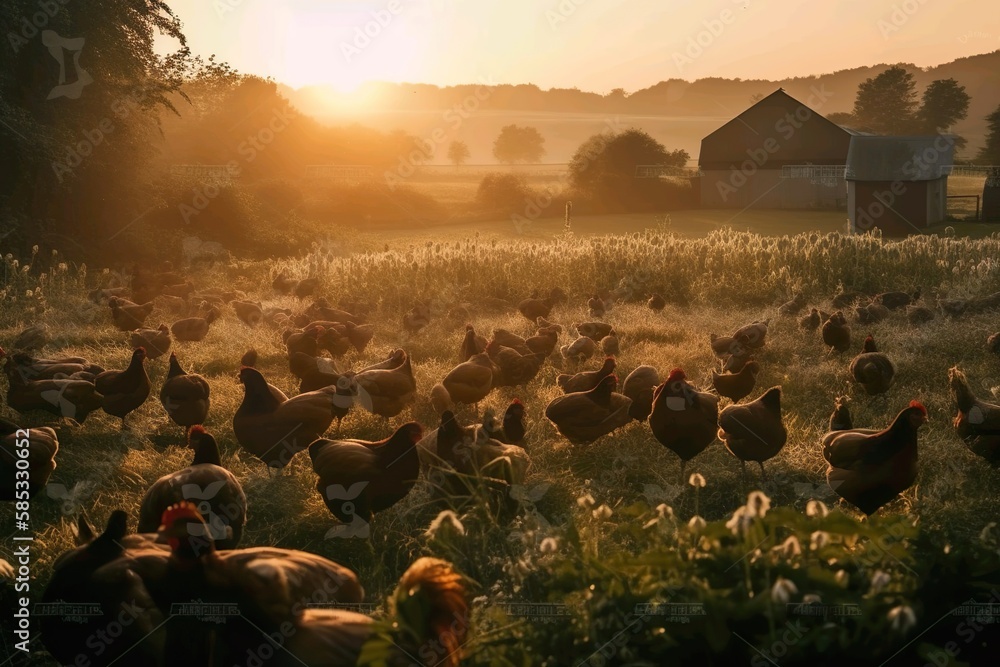Bio Bauernhof mit Hühner auf einem Feld. Beim Sonnenaufgang mit Dunst / Nebel. Warme Beleuchtung, Generate Ai - obrazy, fototapety, plakaty 