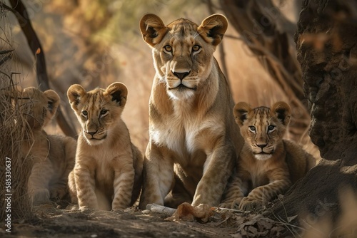Löwin mit Jungen, Kalahari-Wüste, Beim Sonnenuntergang Generate Ai © getti