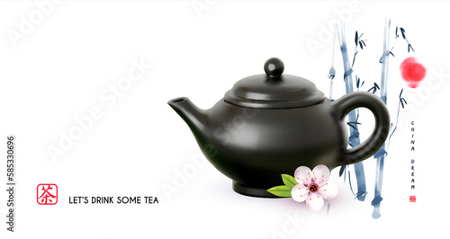 3D teapot with watercolor bamboo background. Chinese tea ceremony.