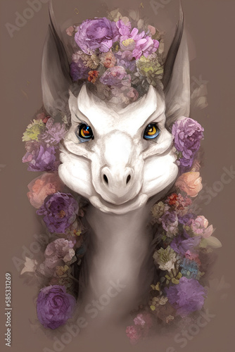 Beautiful dragon with floral decor. Colorful wildlife portrait. generative AI.