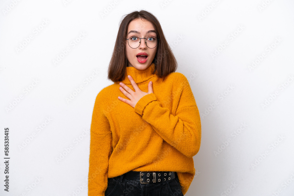 Young Ukrainian woman isolated on white background surprised and shocked while looking right Young Ukrainian woman isolated on white background surprised and shocked while looking right