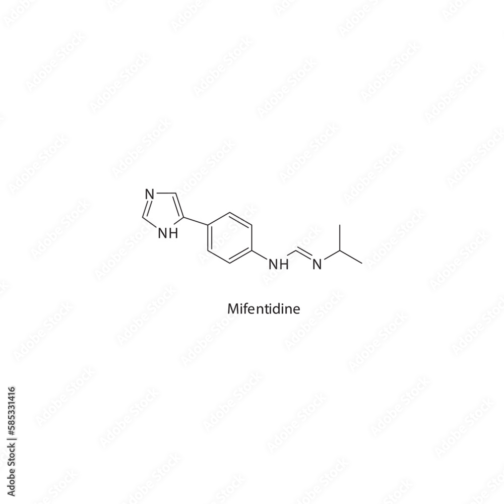 Fototapeta premium Mifentidine flat skeletal molecular structure H2 receptor antagonist drug used in heartburn, peptic ulcer treatment. Vector illustration.