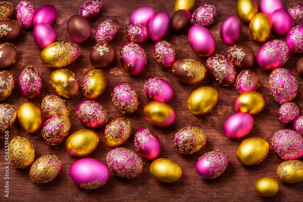 Metallic colored easter eggs with some detail on wooden table Metallic colored easter eggs with some detail on wooden table