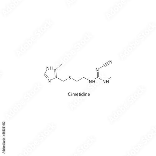 Cimetidine flat skeletal molecular structure H2 receptor antagonist drug used in heartburn, peptic ulcer treatment. Vector illustration.